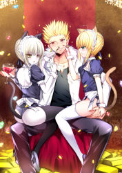Rule 34 | 1boy, 2girls, ahoge, alcohol, alternate costume, animal ears, apron, artoria pendragon (all), artoria pendragon (fate), ass, ass grab, bare back, bars, black legwear, black pants, blonde hair, carnival phantasm, cat ears, cat tail, choker, cup, drinking glass, dual persona, enmaided, fate/stay night, fate (series), food, frills, fur collar, fur trim, gem, gilgamesh (fate), gold, grabbing another&#039;s ass, green eyes, groping, hairband, headdress, high heels, highres, jacket, kemonomimi mode, lipstick mark, looking at another, looking at viewer, maid, maid apron, maid headdress, multiple girls, official alternate costume, pale skin, pants, pimp, pocky, puffy sleeves, red eyes, red gemstone, red wine, ribbon, saber (fate), saber alter, sadakofxe, shoes, short hair, sitting, sitting on person, smirk, sparkle, tail, thighhighs, throne, waist apron, white legwear, wine, wine cup, wine glass, wrist cuffs, yellow eyes