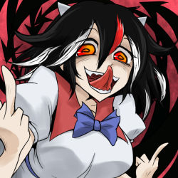 Rule 34 | 1girl, black hair, grey horns, horns, kijin seija, middle finger, multicolored hair, oro (zetsubou girl), red eyes, red hair, solo, streaked hair, tongue, tongue out, touhou, white hair