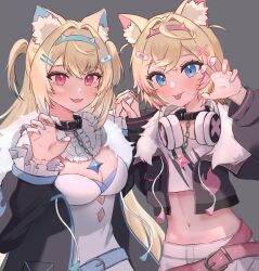 Rule 34 | 2girls, :3, :d, animal ear fluff, animal ears, black jacket, blonde hair, blue hair, blue nails, blush, breasts, claw pose, cleavage, cleavage cutout, closed mouth, clothing cutout, cropped jacket, cropped shirt, dog ears, dog girl, dress, fangs, fur-trimmed jacket, fur trim, fuwawa abyssgard, fuwawa abyssgard (1st costume), hair ornament, hairpin, highres, hololive, hololive english, jacket, kumaaashy, long hair, looking at viewer, medium breasts, medium hair, mococo abyssgard, mococo abyssgard (1st costume), multicolored hair, multiple girls, navel, open mouth, pink hair, pink nails, shirt, shorts, siblings, sidelocks, sisters, skin fangs, smile, streaked hair, tongue, tongue out, twins, two side up, virtual youtuber, white dress, white shirt, white shorts, x hair ornament