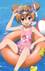 Rule 34 | 00s, 1girl, :d, afloat, aisaka taiga, anklet, ball, beachball, blush, brown hair, diving mask, diving mask on head, double bun, flat chest, goggles, goggles on head, hair bun, innertube, jewelry, one-piece swimsuit, open mouth, red eyes, rubber duck, scuba, smile, snorkel, solo, swim ring, swimsuit, toradora!, water, youkan