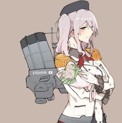 Rule 34 | 10s, 1girl, asakawa (outeq), beret, blue eyes, blush, bouquet, buttons, epaulettes, flower, frilled sleeves, frills, gloves, hat, holding bouquet, japanese flag, kantai collection, kashima (kancolle), kerchief, long hair, long sleeves, machinery, military, military uniform, ribbon, rigging, sidelocks, silver hair, simple background, smile, solo, twintails, uniform, wavy hair, white gloves