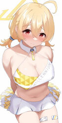 Rule 34 | 1girl, ahoge, arms behind back, bare shoulders, blue archive, breasts, cheerleader, hair between eyes, halo, kotori (blue archive), kotori (cheer squad) (blue archive), large breasts, looking at viewer, midriff, millennium cheerleader outfit (blue archive), navel, official alternate costume, pom pom (cheerleading), red eyes, short twintails, simple background, skirt, solo, terazip, triangle halo, twintails, white background, white skirt, yellow halo