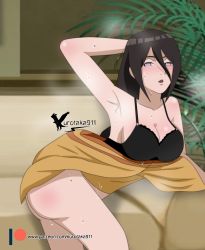 Rule 34 | 1girl, absurdres, agung911, arm behind head, arm up, armpits, ass, bare legs, bare shoulders, bent over, black hair, blush, breasts, cleavage, collarbone, corset, couch, hair between eyes, highres, hyuuga hanabi, indoors, large breasts, looking at viewer, naruto, naruto (series), on couch, open mouth, parted lips, patreon username, plant, potted plant, purple eyes, shiny skin, signature, sitting, steam, steaming body, sweat, thighs, underwear