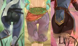 Rule 34 | 1boy, absurdres, alternate costume, ass, ass focus, bodysuit, bridal gauntlets, bulge, elf, english text, from behind, gerudo set (zelda), gloves, hands on own hips, highres, link, logo parody, lower body, male focus, multiple persona, multiple views, nintendo, official alternate costume, pants, pointy ears, royal guard set (zelda), scarf, stealth set (zelda), tamatamako01, the legend of zelda, the legend of zelda: breath of the wild, thigh gap, tight clothes, tight pants, trap