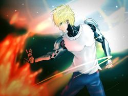 Rule 34 | black sclera, blonde hair, colored sclera, cyborg, genos, male focus, one-punch man, yellow eyes