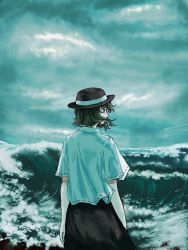 Rule 34 | 1girl, black hair, black hat, black skirt, brown eyes, cloud, cloudy sky, commentary request, fedora, feet out of frame, foaming waves, from behind, grey sky, hair over mouth, hair ribbon, hat, highres, kihaji140, looking to the side, ocean, ribbon, shirt, short hair, short sleeves, skirt, sky, solo, touhou, usami renko, waves, white ribbon, white shirt