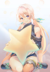 .live, 1girl, blonde hair, blush, collarbone, hair ornament, highres, kuro cat 3, long hair, looking at viewer, low twintails, nanahoshi milily, purple eyes, seiza, shoes, shorts, sitting, smile, solo, star (symbol), thighs, twintails, virtual youtuber