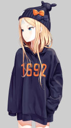Rule 34 | 1girl, abigail williams (fate), bandaid, bandaid on face, bandaid on forehead, beanie, black bow, black hat, black hoodie, blonde hair, blue eyes, bow, casual, closed mouth, clothes writing, commentary request, cowboy shot, crossed bandaids, drawstring, fate/grand order, fate (series), grey background, hat, hat bow, highres, hood, hood down, hoodie, long hair, long sleeves, looking away, looking to the side, no pants, orange bow, parted bangs, sanpeita, simple background, sleeves past fingers, sleeves past wrists, solo, star (symbol), star print