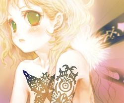 Rule 34 | 1girl, arm tattoo, blonde hair, breasts, bug, butterfly, chest tattoo, cleavage, glowing, gradient background, green eyes, hanamura mai, insect, lowres, purple background, solo, tattoo, wavy hair, yellow background