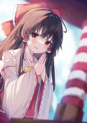 Rule 34 | 1girl, :d, absurdres, alternate neckwear, bare shoulders, blurry, bow, bowtie, brown hair, day, depth of field, detached sleeves, dutch angle, eyebrows hidden by hair, hair bow, hair tubes, hakurei reimu, highres, kogalashi, long hair, open mouth, outdoors, own hands together, red eyes, smile, solo, touhou, wide sleeves, yellow bow, yellow bowtie