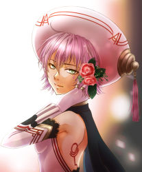 Rule 34 | .hack//, .hack//g.u., .hack//roots, 00s, 1girl, ag1eam, bad id, bad pixiv id, bandai, bare back, bare shoulders, cyber connect 2, detached sleeves, flower, gloves, green eyes, hair flower, hair ornament, hat, pink hair, red flower, red rose, rose, shino (.hack//), shino (.hack//g.u.), short hair, solo, tattoo, upper body