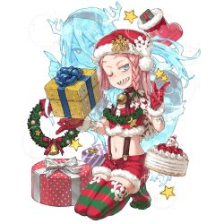 Rule 34 | 2girls, ;d, antlers, aqua eyes, bags under eyes, bauble, bell, bent over, blue bow, blue eyes, blue skin, blush, boots, bow, box, braid, breasts, cake, capelet, choker, christmas, christmas ornaments, christmas wreath, closed mouth, colored eyelashes, colored skin, crop top, cropped vest, diagonal stripes, electricity, food, from side, fruit, full body, fur trim, gift, gift box, gloves, green legwear, green ribbon, hair between eyes, hair ribbon, hairband, half-closed eyes, hand on another&#039;s shoulder, hand up, happy, haru (uchi no hime-sama), hat, hat ornament, holding, holding gift, horns, index finger raised, kneeling, legs together, lens flare, light smile, long hair, looking at viewer, midriff, multiple girls, navel, neck bell, no shoes, official art, one eye closed, open mouth, outstretched hand, pink eyes, pink footwear, pink hair, polka dot, red bow, red eyes, red gloves, red hat, red legwear, red shorts, red vest, reindeer antlers, ribbon, santa claus, santa costume, santa hat, sharp teeth, shoe-ji, short shorts, shorts, side braid, single braid, small breasts, smile, snowflake print, sparkle, star (symbol), strawberry, striped clothes, striped legwear, striped thighhighs, suspenders, teeth, thighhighs, tiptoes, transparent background, uchi no hime-sama ga ichiban kawaii, very long hair, vest, white bow, wreath, zettai ryouiki