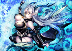 Rule 34 | 1girl, belt, black thighhighs, blue eyes, breasts, bridal gauntlets, chain, dragon girl, gradient hair, horns, jewelry, katana, large breasts, long hair, monster girl, multicolored hair, necklace, original, pointy ears, profile, ryuuzaki ichi, sheath, sheathed, silver hair, sitting, solo, sword, tail, thigh strap, thighhighs, very long hair, weapon, yellow eyes
