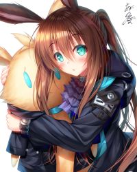 Rule 34 | 1girl, amiya (arknights), animal ears, arknights, black jacket, blue eyes, blush, brown hair, commentary request, fingernails, hair between eyes, jacket, long hair, long sleeves, looking at viewer, nail polish, hugging object, parted lips, pink nails, ponytail, rabbit ears, signature, simple background, sleeves past wrists, solo, stuffed animal, stuffed rabbit, stuffed toy, upper body, very long hair, white background, yunagi amane