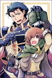 Rule 34 | 1boy, 1girl, armor, belt, blue eyes, blue hair, book, bread, brown gloves, brown hair, cape, commentary request, detached sleeves, fire emblem, fire emblem: the blazing blade, food, gauntlets, gloves, hair over one eye, hector (fire emblem), highres, holding, long sleeves, mark (fire emblem: the blazing blade), nakabayashi zun, nintendo, paper, red eyes, short hair, upper body