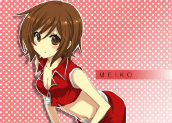 Rule 34 | 1girl, bad id, bad pixiv id, breasts, brown eyes, brown hair, cleavage, crop top, eyelashes, highres, ichinose yukino, leaning, looking at viewer, meiko (vocaloid), midriff, navel, polka dot, polka dot background, short hair, small breasts, solo, vocaloid
