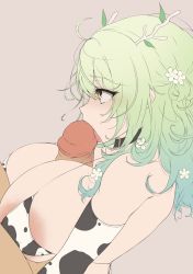 Rule 34 | 1boy, 1girl, animal print, antlers, arm warmers, bikini, blush, breasts, ceres fauna, choker, collar, cow girl, cow print, fellatio, flower, flower on head, from side, green hair, hair ornament, highres, hololive, hololive english, horns, huge breasts, huge penis, just the tip, large breasts, large penis, licking, licking penis, long hair, naoillus, oral, paizuri, paizuri under clothes, penis, simple background, swimsuit, tongue, uncensored, virtual youtuber, yellow eyes