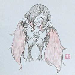 Rule 34 | 1girl, bare shoulders, black hair, breasts, cleavage, crow (gravity daze), detached sleeves, gravity daze, gravity daze 2, hair over one eye, long hair, multicolored hair, navel, red hair, smile, solo, twintails, two-tone hair