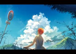Rule 34 | 1boy, bag, bicycle, blue sky, cloud, commentary, english commentary, haikyuu!!, hinata shouyou, letterboxed, mountain, orange hair, reia, road sign, shirt, short hair, sign, sky, solo, white shirt