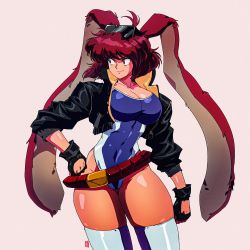 Rule 34 | 1990s (style), 1girl, ahoge, animal ears, babs (battle athlete), belt, black gloves, black jacket, blue eyes, blue leotard, bomber jacket, borrowed character, breasts, brown hair, cleavage, commentary, commission, contrapposto, cropped jacket, david liu, english commentary, eyewear on head, fingerless gloves, gloves, highleg, highres, jacket, large breasts, leotard, looking to the side, loose belt, original, popped collar, rabbit ears, retro artstyle, short hair, solo, standing, sunglasses, tan, thick thighs, thighhighs, thighs, very long ears, white background, white thighhighs