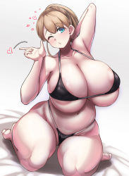 Rule 34 | 1girl, alternate breast size, areola slip, barefoot, belly, bikini, black bikini, blue eyes, blush, breasts, brown hair, bursting breasts, cleavage, cleft of venus, collarbone, curvy, highres, huge breasts, intrepid (kancolle), kantai collection, konoshige (ryuun), large areolae, looking at viewer, mature female, micro bikini, navel, plump, ponytail, short hair, skindentation, solo, stomach, swimsuit, thick thighs, thighs, underboob, wedgie, wide hips