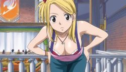 Rule 34 | animated, animated gif, bare shoulders, blonde hair, blush, bouncing breasts, breasts, brown eyes, cleavage, denim, fairy tail, jeans, jewelry, large breasts, lucy heartfilia, necklace, pants, solo, staring