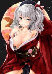 Rule 34 | 10s, 1girl, armpits, beret, breasts, hat, japanese clothes, kantai collection, kashima (kancolle), kimono, light smile, long hair, looking at viewer, no bra, silver hair, soborou, solo, twintails, wavy hair