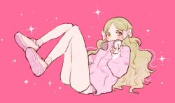 Rule 34 | 1girl, blonde hair, blush, bow, coat, eyelashes, gohanysu, hair bow, handa roco, headphones, highres, idolmaster, idolmaster million live!, idolmaster million live! theater days, long hair, looking at viewer, multiple hair bows, pink background, pink bow, pink coat, shoes, short shorts, shorts, sleeves past wrists, sneakers, solo, star (symbol), twintails, very long hair, wavy hair, white footwear, white headphones, white shorts, yellow eyes