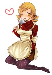 Rule 34 | 10s, 1girl, apron, artist request, blonde hair, blush, breasts, drill hair, female focus, full body, hair ornament, kneeling, ladle, mahou shoujo madoka magica, one eye closed, open mouth, pantyhose, simple background, smile, solo, soul gem, tomoe mami, turtleneck, twin drills, white background, wink, yellow eyes