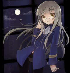 1girl ascot bad_id bad_pixiv_id blonde_hair crotch_seam female_focus full_moon glasses long_hair military military_uniform monmon moon night panties panties_under_pantyhose pantyhose perrine_h._clostermann pince-nez smile solo strike_witches underwear world_witches_series yellow_eyes