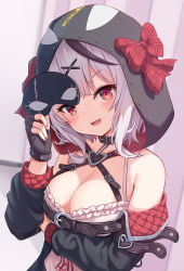 Rule 34 | 1girl, black collar, black gloves, black hair, black jacket, blurry, blurry background, blush, bow, braid, breasts, camisole, cleavage, collar, fingerless gloves, frilled camisole, frills, gloves, grey hair, hair between eyes, hair ornament, hairclip, highres, hololive, hood, hood up, jacket, long sleeves, looking at viewer, mask, medium breasts, milkshakework, multicolored hair, off-shoulder jacket, off shoulder, open mouth, plaid, plaid bow, puffy long sleeves, puffy sleeves, red bow, red eyes, sakamata chloe, sakamata chloe (1st costume), smile, solo, streaked hair, virtual youtuber, white camisole, x hair ornament