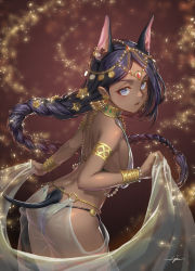 Rule 34 | 1girl, animal ears, armlet, ass, bare shoulders, bracelet, braid, breasts, character request, commentary request, cowboy shot, dancer, dark-skinned female, dark skin, earrings, harem outfit, holding, jewelry, kws, leaning forward, light particles, long hair, looking at viewer, medium breasts, open mouth, see-through, sideboob, single braid, solo, tail, veil, world witches series