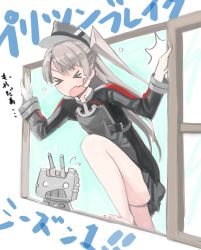 Rule 34 | &gt; &lt;, 1girl, amatsukaze (kancolle), anchor choker, bad id, bad twitter id, barefoot, closed eyes, commentary request, cosplay, fang, flying sweatdrops, grey hair, hat, highres, kantai collection, leg up, military, military hat, military uniform, no legwear, open mouth, peaked cap, pleated skirt, prinz eugen (kancolle), prinz eugen (kancolle) (cosplay), prison break (series), rensouhou-kun, retorillo, sketch, skirt, tears, translated, twintails, two side up, uniform, window