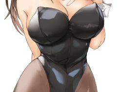 Rule 34 | 1girl, bare shoulders, black leotard, breasts, brown hair, cleavage, hands on own chest, kuuro kuro, large breasts, leotard, long hair, original, pantyhose, playboy bunny, simple background, strapless, strapless leotard, white background, wrist cuffs