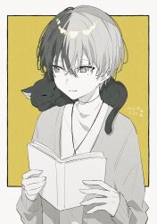 Rule 34 | 1boy, aged down, animal ears, aoyagi touya, book, cat ears, cat tail, child, closed eyes, closed mouth, commentary, dated, hair between eyes, highres, holding, holding book, jewelry, jishio, long sleeves, looking at animal, male focus, mole, mole under eye, multicolored hair, necklace, open book, paw print, project sekai, short hair, smile, solo, split-color hair, tail, two-tone hair, upper body