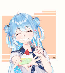 Rule 34 | 1girl, ahoge, aki (cold ovaltin), alternate costume, artist name, birthday, black bow, blue hair, blue sailor collar, bow, cake, cake slice, chinese commentary, closed eyes, cream, cream on face, dated, double bun, dyed ahoge, flower, food, food on face, fork, fruit, hair bow, hair bun, hair flower, hair ornament, hairclip, head tilt, highres, holding, holding cake, holding food, holding fork, indie virtual youtuber, light blush, long hair, mihanada somaru, mixed-language commentary, open mouth, orange background, outstretched arm, patterned hair, pink bow, reaching, reaching towards viewer, sailor collar, school uniform, serafuku, short sleeves, side up bun, simple background, smile, strawberry, teeth, two side up, v, very long hair, virtual youtuber, waves, white background, white serafuku
