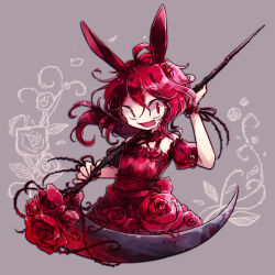 Rule 34 | 1girl, :d, animal ears, arm up, blood, bloody weapon, commentary request, criss-cross halter, cropped legs, crossed bangs, dress, fang, flower, grey background, hair between eyes, hair flower, hair ornament, halterneck, hands up, holding, holding scythe, holding weapon, long hair, looking at viewer, off-shoulder dress, off shoulder, open mouth, original, painttool sai (medium), puffy short sleeves, puffy sleeves, rabbit ears, rabbit tail, rakuni, red dress, red eyes, red flower, red hair, red rose, red scrunchie, red tail, rose, sanpaku, scrunchie, scythe, short sleeves, smile, solo, sparkle, tail, thorns, weapon