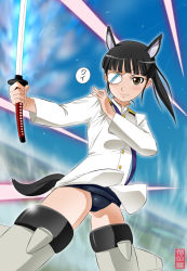 Rule 34 | 1girl, animal ears, black hair, brown eyes, dog ears, dog tail, eyepatch, flying, maira gen, military, military uniform, one-piece swimsuit, ponytail, sakamoto mio, school swimsuit, smile, solo, strike witches, striker unit, swimsuit, swimsuit under clothes, sword, tail, uniform, weapon, world witches series