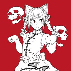 Rule 34 | 1girl, alternate costume, animal ears, bare shoulders, bell, border, bow, braid, cat ears, chinese clothes, detached sleeves, dress, flag background, hair bell, hair ornament, jingle bell, kaenbyou rin, kobaji, moon, multiple torii, one-hour drawing challenge, paw pose, red background, red border, red eyes, red moon, red sky, red theme, sky, solo, torii, touhou, twin braids