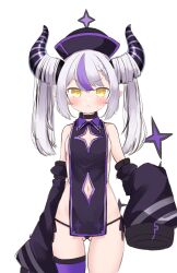 Rule 34 | 1girl, :&lt;, blush, braid, breasts, chinese clothes, cleavage cutout, closed mouth, clothing cutout, cocozasa, demon girl, demon horns, dress, gluteal fold, grey hair, hair between eyes, hat, highres, hololive, horns, jiangshi costume, la+ darknesss, long hair, long sleeves, looking at viewer, multicolored hair, navel, navel cutout, no bra, panties, pointy ears, purple hair, qingdai guanmao, side-tie panties, sideboob, single thighhigh, sleeves past fingers, sleeves past wrists, small breasts, solo, straight-on, streaked hair, striped horns, sweat, thighhighs, underwear, v-shaped eyebrows, very long hair, virtual youtuber, white background, wide sleeves, yellow eyes