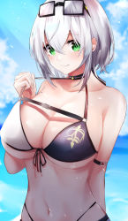 Rule 34 | 1girl, absurdres, alternate costume, arm at side, arm strap, bad id, bad pixiv id, bare shoulders, bikini, black bikini, blue sky, blush, breasts, cleavage, closed mouth, cloud, cloudy sky, collarbone, commentary request, day, eyelashes, eyewear on head, front-tie bikini top, front-tie top, green eyes, hair between eyes, hand up, highleg, highleg bikini, highres, hololive, hololive fantasy, horizon, kenken (keuken), large breasts, looking at viewer, midriff, mole, mole on breast, navel, ocean, outdoors, pulling own clothes, shirogane noel, shirogane noel (summer 2020), short hair, silver hair, skindentation, sky, smile, solo, standing, strap pull, string bikini, sunglasses, sunlight, swimsuit, thigh strap, underboob, upper body, virtual youtuber, water