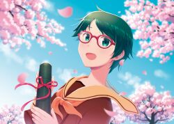 Rule 34 | 1girl, bespectacled, blue sky, branch, brown serafuku, brown shirt, cherry blossoms, cloud, commentary request, day, glasses, graduation, green eyes, green hair, kantai collection, looking at viewer, mogami (kancolle), nao (nao eg), neckerchief, orange neckerchief, orange sailor collar, outdoors, sailor collar, school uniform, serafuku, shirt, sky, smile, solo, tube, upper body