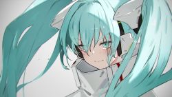 Rule 34 | 1girl, aqua eyes, aqua hair, blush, closed mouth, commentary, english commentary, goodsmile racing, grey background, hair over one eye, hatsune miku, highres, long bangs, long hair, looking away, looking down, neco, portrait, racing miku, racing miku (2022), simple background, solo, twintails, vocaloid