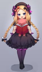 Rule 34 | 1girl, abigail williams (fate), beret, black dress, black hat, blonde hair, blue eyes, blush, book, braid, breasts, cosplay, dress, fate/extra, fate/grand order, fate (series), forehead, frills, full body, hat, highres, long hair, looking at viewer, miya (miyaruta), nursery rhyme (fate), nursery rhyme (fate) (cosplay), open book, pantyhose, parted bangs, puffy short sleeves, puffy sleeves, short sleeves, small breasts, smile, twin braids