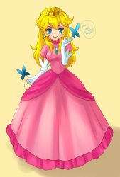 Rule 34 | 1girl, blonde hair, blue eyes, breasts, bug, butterfly, crown, drawfag, dress, earrings, elbow gloves, eyelashes, gloves, happy birthday, highres, insect, jewelry, lips, long dress, long hair, mario (series), narrow waist, nintendo, pink dress, princess peach, simple background, smile, solo, white gloves, yellow background