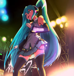 Rule 34 | 1girl, aqua eyes, aqua hair, character name, concert, detached sleeves, hatsune miku, headset, highres, long hair, necktie, open mouth, sasuke(stc), skirt, solo, stage, thighhighs, twintails, very long hair, vocaloid