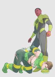Rule 34 | 2boys, abs, artist name, ass, bara, black bodysuit, black hair, bodysuit, boots, bound, bound arms, bound wrists, closed mouth, colored skin, dc comics, domino mask, evinist, facial hair, gloves, green lantern, green lantern (series), grey background, hal jordan, highres, holding, holding leash, jewelry, large pectorals, leash, male focus, mask, multiple boys, muscular, muscular male, mustache, nipples, pectorals, red skin, ring, short hair, simple background, sinestro, smile, torn bodysuit, torn clothes, torn mask, white gloves, yaoi, yellow bodysuit