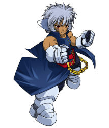 Rule 34 | 00s, 1boy, armor, armored boots, bare shoulders, boots, cape, chain, clenched hands, dark skin, dark-skinned male, fighting stance, full body, kei (fortune), looking at viewer, lyrical nanoha, mahou shoujo lyrical nanoha, mahou shoujo lyrical nanoha a&#039;s, male focus, red eyes, silver hair, sleeveless, solo, spiked hair, thigh boots, thighhighs, zafira