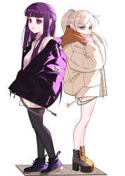 Rule 34 | 2girls, :t, absurdres, baggy clothes, bare legs, coat, commentary, dangle earrings, drop earrings, earrings, elf, english commentary, fashion, fern (sousou no frieren), flower, frieren, highres, jewelry, jobin chan, legs, long hair, looking at viewer, mage staff, multiple girls, nemophila (flower), pointy ears, purple eyes, purple hair, sousou no frieren, white hair, winter clothes