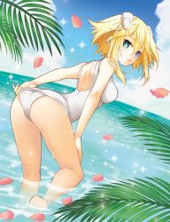 Rule 34 | 10s, 1girl, adjusting clothes, adjusting swimsuit, ange vierge, ass, bare shoulders, blonde hair, blue eyes, breasts, code omega 77 stella, day, green eyes, hair ornament, heterochromia, looking at viewer, looking back, medium breasts, ocean, official art, one-piece swimsuit, open mouth, petals, short hair, sky, solo, swimsuit, tsunako, water, white one-piece swimsuit